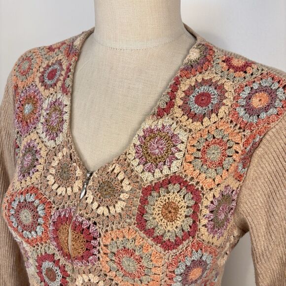 Vintage Talbots Womens LP Crochet Granny Square Cardigan Zip Front V-Neck Cotton - Picture 2 of 9